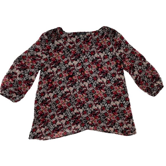 Rose & Olive Women's Red Black Floral V-Neck 3/4 Sleeve Layered Top Size S - Picture 3 of 10